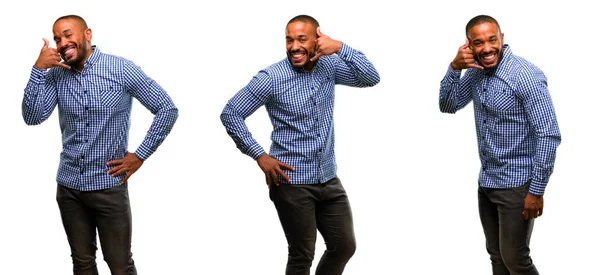 African American Man Beard Happy Excited Making Showing Call Gesture — Stock Photo, Image