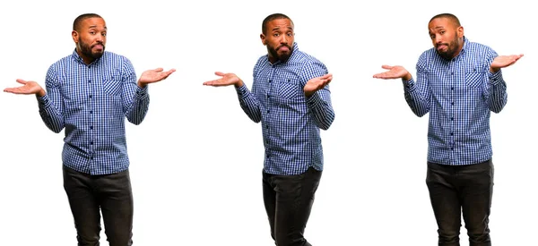 African American Man Beard Doubt Expression Confuse Wonder Concept Uncertain — Stock Photo, Image