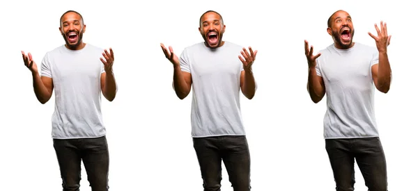 Hombre Afroamericano Con Barba Feliz Sorprendido Vitoreando Expresando Gesto Sorpresa —  Fotos de Stock