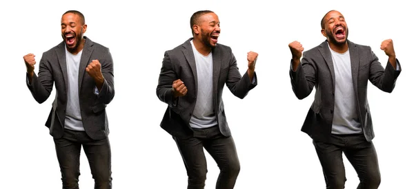 Homem Afro Americano Com Barba Feliz Animado Celebrando Vitória Expressando — Fotografia de Stock