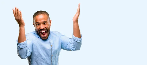 African American Man Beard Happy Surprised Cheering Expressing Wow Gesture — Stock Photo, Image