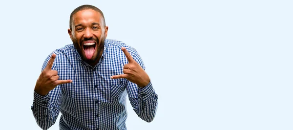 African American Man Beard Making Rock Symbol Hands Shouting Celebrating — Stock Photo, Image