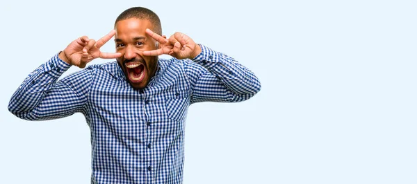 African American Man Beard Looking Camera Fingers Isolated Blue Background — Stock Photo, Image