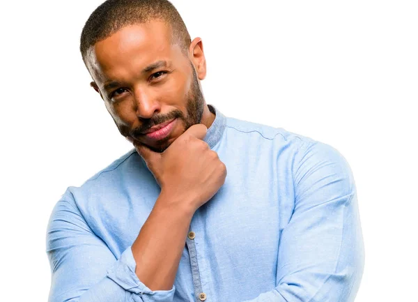 African American Mannen Med Skägg Tänkande Tankeväckande Med Smarta Ansikte — Stockfoto
