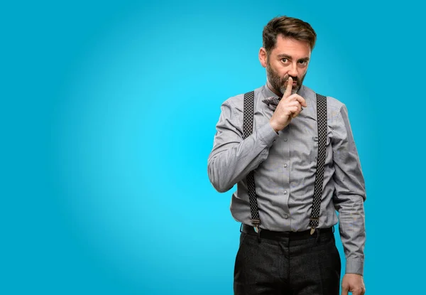 Homem Meia Idade Com Barba Laço Com Dedo Indicador Nos — Fotografia de Stock