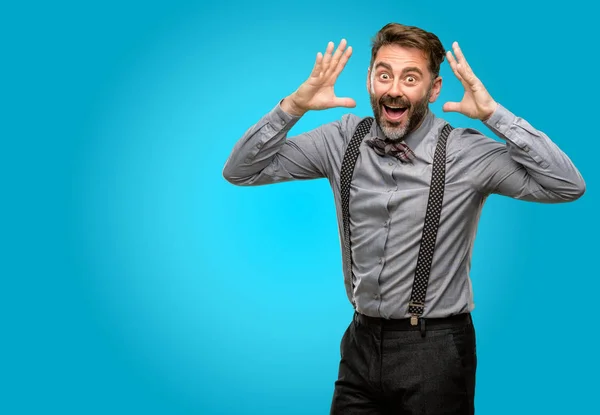 Middle Age Man Beard Bow Tie Happy Surprised Cheering Expressing — Stock Photo, Image