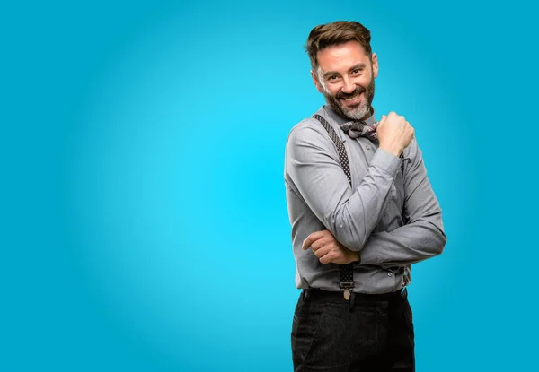 Homem Meia Idade Com Barba Gravata Borboleta Confiante Feliz Com — Fotografia de Stock