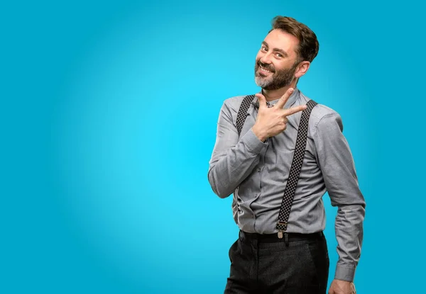 Hombre Mediana Edad Con Barba Pajarita Levantando Dedo Número Tres —  Fotos de Stock