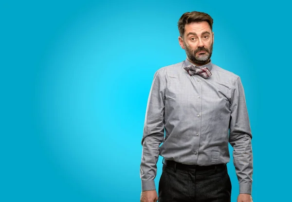 Middle Age Man Beard Bow Tie Having Skeptical Dissatisfied Look — Stock Photo, Image