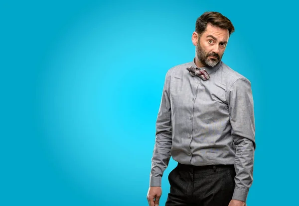 Middle Age Man Beard Bow Tie Having Skeptical Dissatisfied Look — Stock Photo, Image