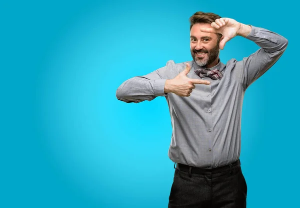 Middle Age Man Beard Bow Tie Confident Happy Showing Hands — Stock Photo, Image