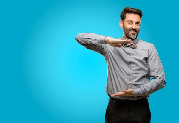 Middle Age Man Beard Bow Tie Holding Something Size Concept — Stock Photo, Image
