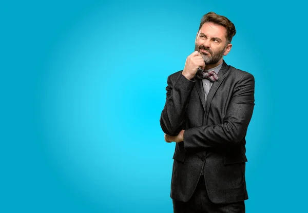 Middle Age Man Beard Bow Tie Thinking Thoughtful Smart Face — Stock Photo, Image