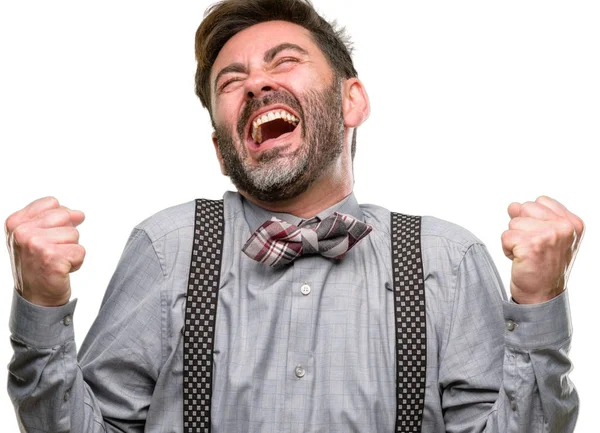 Hombre Mediana Edad Con Barba Pajarita Feliz Emocionado Expresando Gesto —  Fotos de Stock