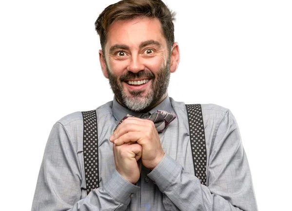 stock image Middle age man, with beard and bow tie confident and happy with a big natural smile in love isolated over white background