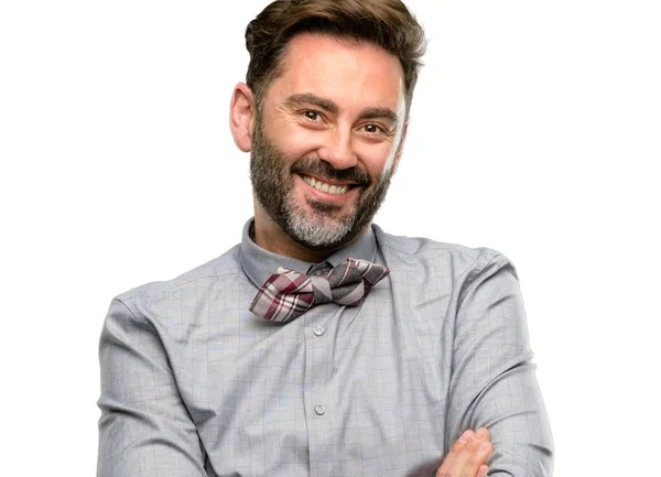 Middle Age Man Beard Bow Tie Crossed Arms Confident Happy — Stock Photo, Image