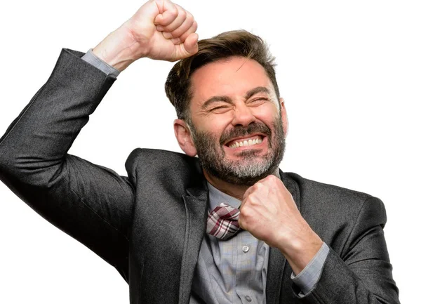 Hombre Mediana Edad Con Barba Pajarita Feliz Emocionado Expresando Gesto — Foto de Stock