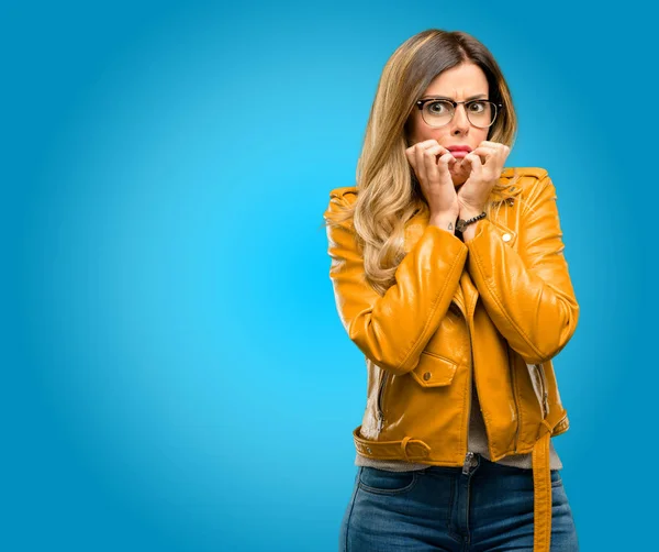 Beautiful Young Woman Terrified Nervous Expressing Anxiety Panic Gesture Overwhelmed — Stock Photo, Image