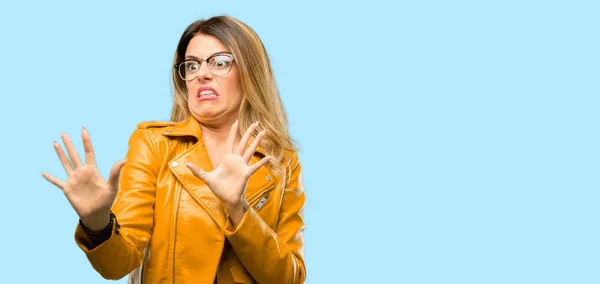 Beautiful Young Woman Disgusted Angry Keeping Hands Stop Gesture Defense — Stock Photo, Image