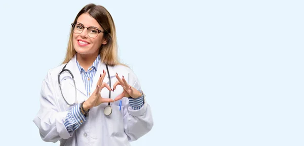 Young Doctor Woman Medical Professional Happy Showing Love Hands Heart — Stock Photo, Image
