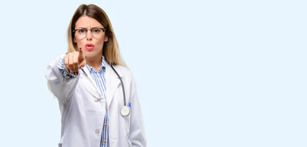 Young Doctor Woman Medical Professional Pointing Front Finger — Stock Photo, Image