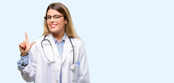 Young Doctor Woman Medical Professional Pointing Away Side Finger — Stock Photo, Image