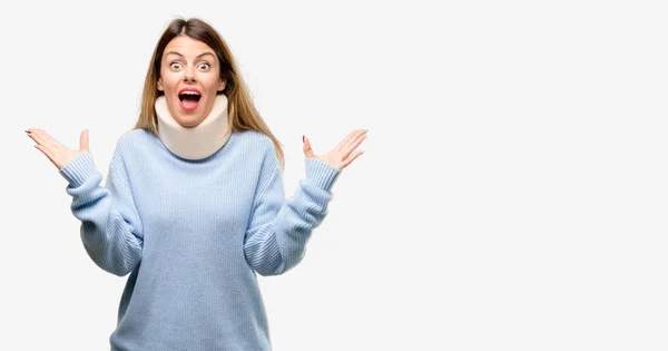 Young Injured Woman Wearing Neck Brace Collar Happy Surprised Cheering — Stock Photo, Image