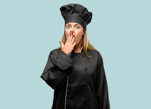 Young Cook Woman Covers Mouth Shock Looks Shy Expressing Silence — Stock Photo, Image