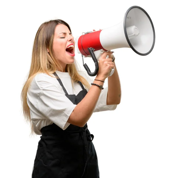 Shop Owner Woman Wearing Apron Communicates Shouting Loud Holding Megaphone — Stock Photo, Image