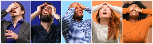 Groep Voor Coole Mensen Vrouw Man Stressvolle Houden Handen Het — Stockfoto