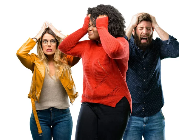 Group Three Young Men Women Terrified Nervous Expressing Anxiety Panic — Stock Photo, Image