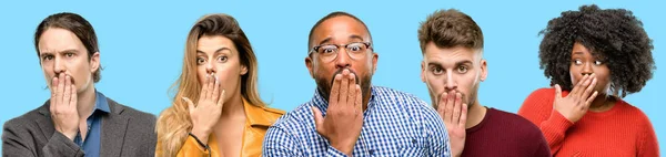 Group Mixed People Women Men Covers Mouth Shock Looks Shy — Stock Photo, Image