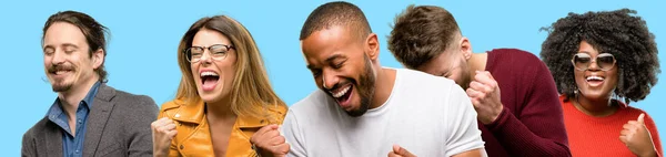 Gruppo Persone Miste Donne Uomini Felici Emozionati Che Celebrano Vittoria — Foto Stock