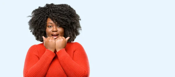 Beautiful African Woman Happy Surprised Cheering Expressing Wow Gesture Blue — Stock Photo, Image