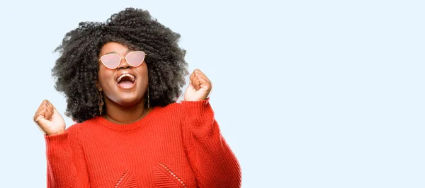 Beautiful African Woman Happy Excited Expressing Winning Gesture Successful Celebrating — Stock Photo, Image