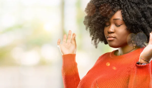 Beautiful African Woman Doing Sign Gesture Both Hands Expressing Meditation — Stock Photo, Image