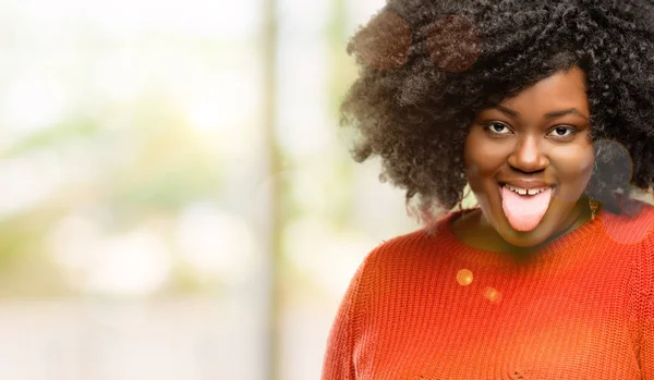 Beautiful African Woman Sticking Out Tongue Camera Sign Disobedience Protest — Stock Photo, Image