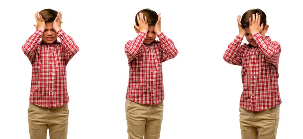 Niño Guapo Con Ojos Verdes Aterrorizado Nervioso Expresando Ansiedad Gesto —  Fotos de Stock