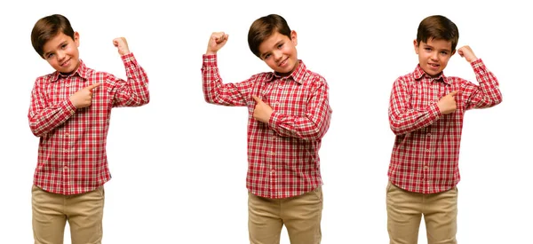 Handsome Toddler Child Green Eyes Pointing Biceps Expressing Strength Gym — Stock Photo, Image