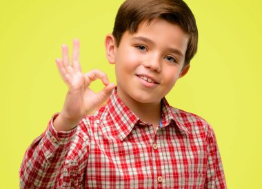 El ile ok işareti yapıyor yeşil gözlü yakışıklı yürümeye başlayan çocuk onaylama jest sarı arka plan üzerinde
