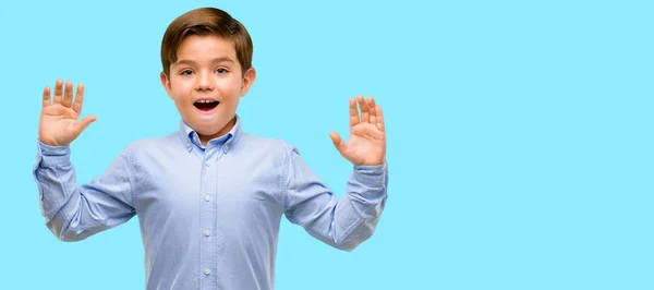 Handsome Toddler Child Green Eyes Happy Surprised Cheering Expressing Wow — Stock Photo, Image