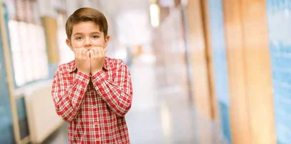 Criança Bonita Com Olhos Verdes Aterrorizada Nervosa Expressando Ansiedade Gesto — Fotografia de Stock