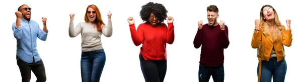 Grupo Pessoas Legais Mulher Homem Feliz Animado Expressando Gesto Vencedor — Fotografia de Stock