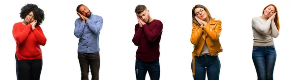 Grupo Pessoas Legais Mulher Homem Cansado Entediado Cansado Por Causa — Fotografia de Stock