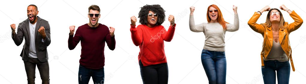Group of cool people, woman and man happy and excited celebrating victory expressing big success, power, energy and positive emotions. Celebrates new job joyful