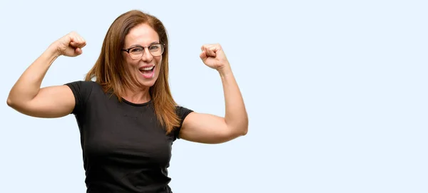 Middle Age Woman Wearing Black Shirt Glasses Happy Excited Celebrating — Stock Photo, Image