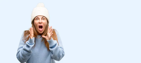 Middle Age Woman Wearing Wool Winter Cap Stressful Keeping Hands — Stock Photo, Image
