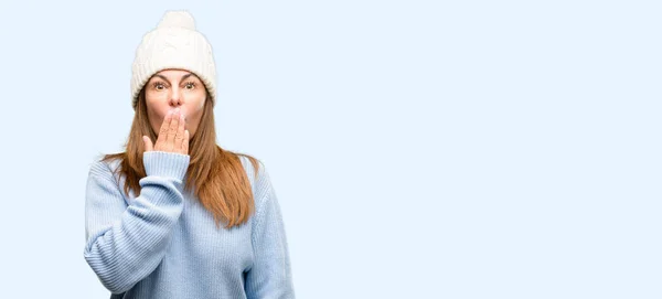 Middle Age Woman Wearing Wool Winter Cap Covers Mouth Shock — Stock Photo, Image