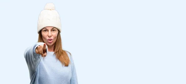 Middle Age Woman Wearing Wool Winter Cap Pointing Front Finger — Stock Photo, Image