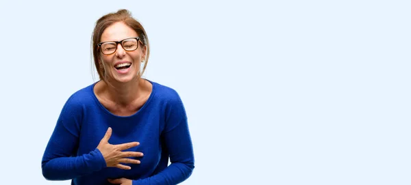 Mulher Meia Idade Vestindo Camisola Óculos Confiante Feliz Com Grande — Fotografia de Stock